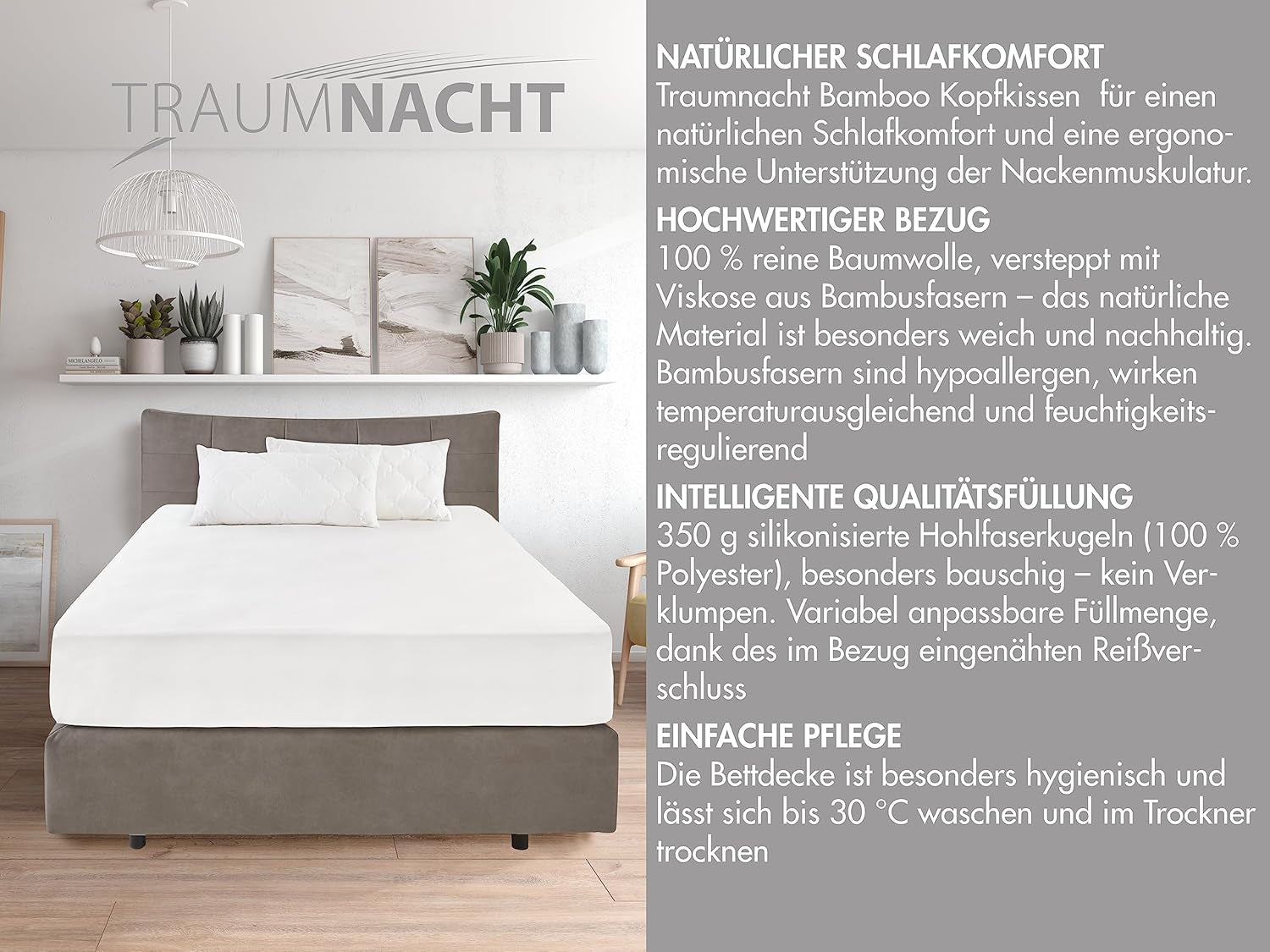 Traumnacht Bambuspude med bambusfibre, hypoallergen, antibakteriel Pudesæt med lynlås, bestående af 2 puder 40X80Cm, Oeko-Tex certificeret, udviklet i Tyskland Naty Shop standardpuder
