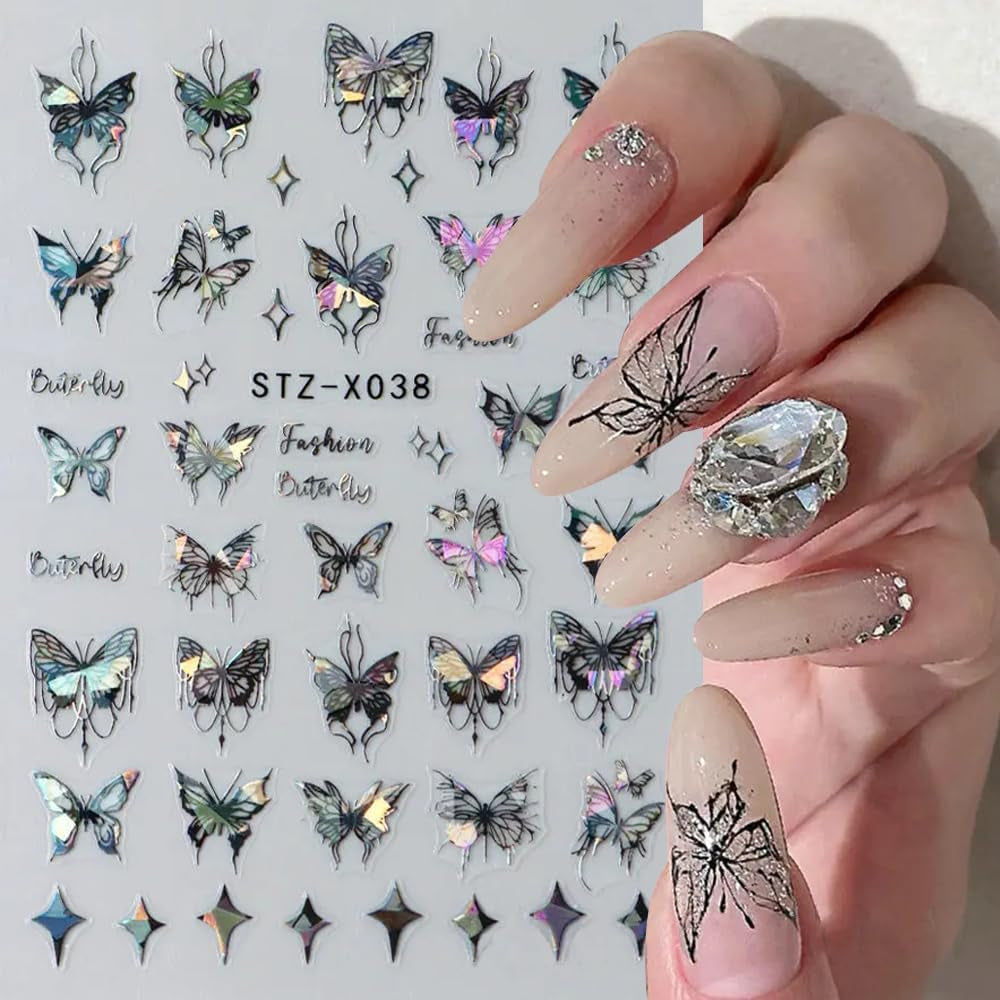 3D Metallic Schwarz Schmetterling Nagelsticker - Laser Pink Aurora Nagelaufkleber - Punk Butterfly Nail Art Stickers - Sølv Nail Sticker - Nageldesign Tilbehør