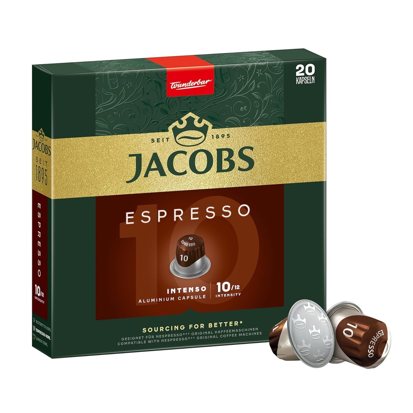 Jacobs Kaffeekapseln Espresso Intenso, Intensität 10/12, 10 x 20 Getränke, Nespresso* kompatibel Kaffee Kapseln, 200 Kapseln