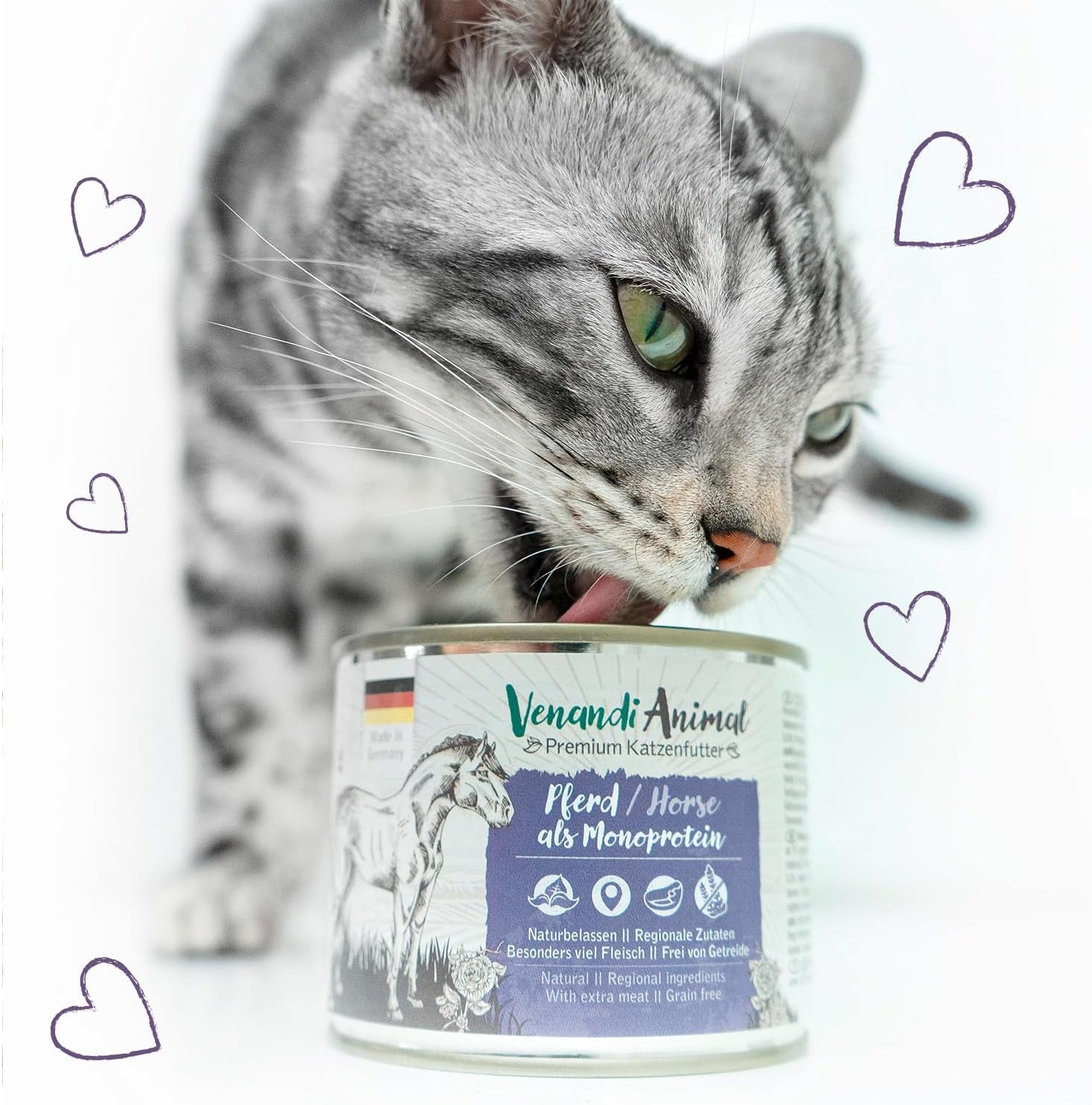 Venandi Animal - Premium våd kattefoder - Hest som monoprotein, pakke med 12 (12 x 125 g), kornfri, monoprotein