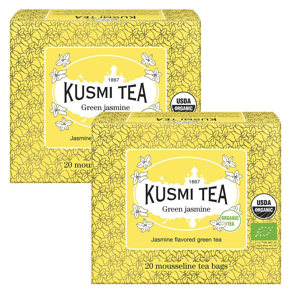 Kusmi Tea - Pakke med 2 - Jasmine Green Tea - Økologisk Jasmine Green Tea Blend - 100% økologisk grøn te - Kan indtages varm eller kold - 2X20 teposer