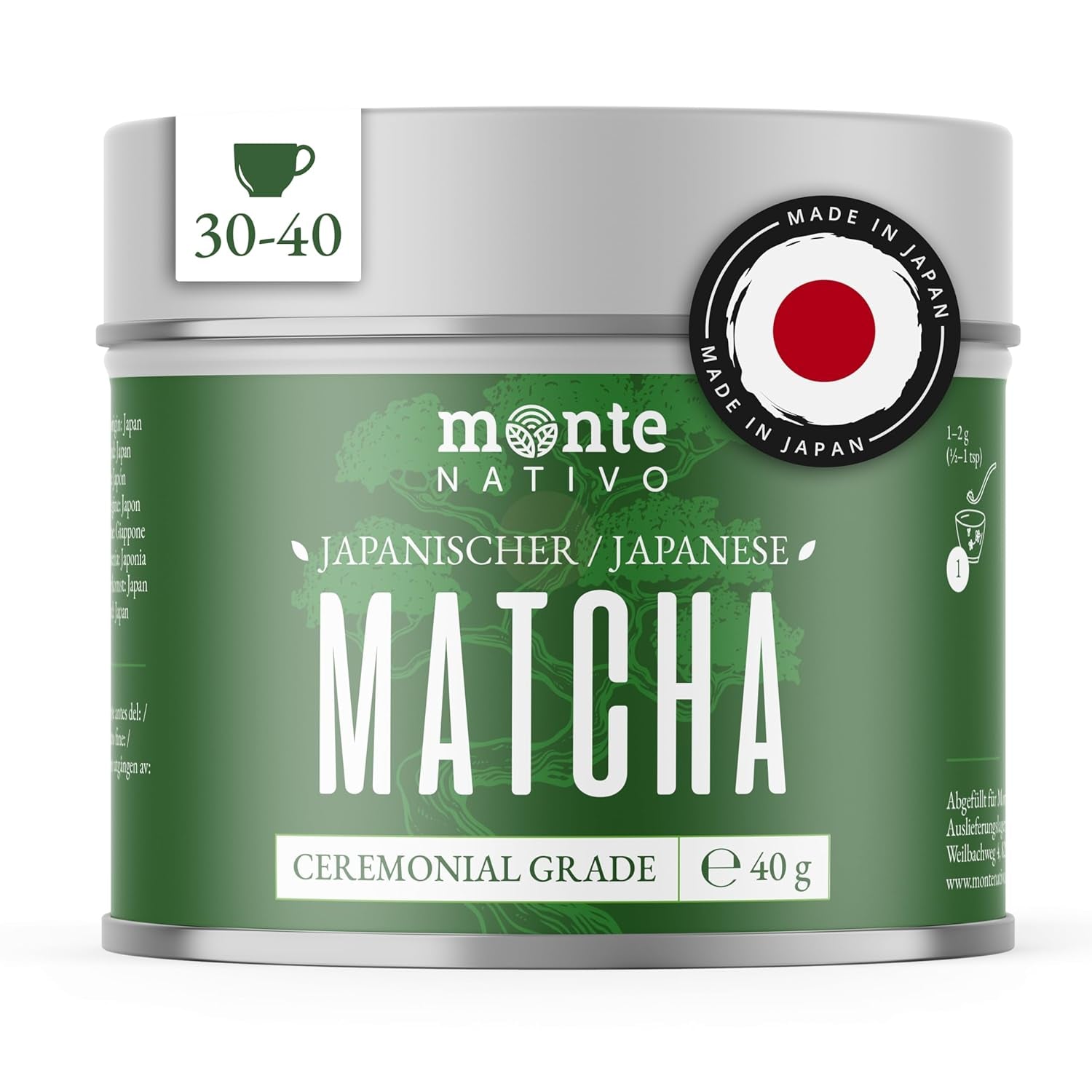 Monte Nativo Ceremonial Matcha Powder (40g) - perfekt til matcha te, lattes og smoothies - grøn te fra Japan - ceremoniel kvalitet, i metalæske - 100% ren, glutenfri, fint malet