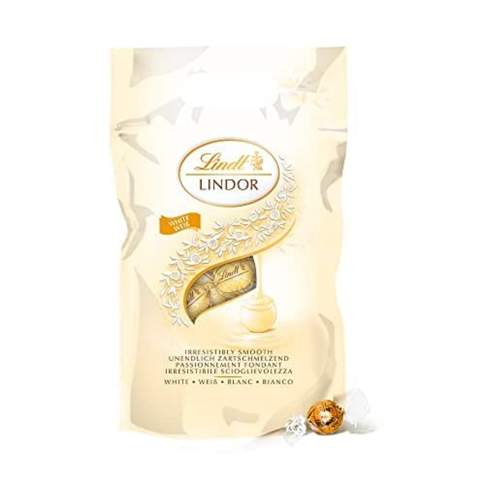 LINDOR hvide chokoladekugler, 1 kg og LINDOR | 1 kg genlukkelig pose | ca. 80 mælkechokoladekugler med myntefyld | Bulkpakke, pralinegave, chokoladegave