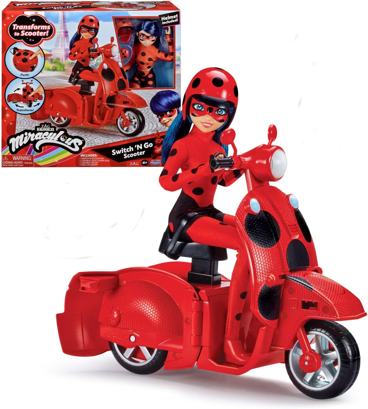 Bandai - Miraculous Ladybug - Miraculous Switch'n Go Scooter + 26 cm Ladybug Lucky Charm Artikuleret Dukke - P50668