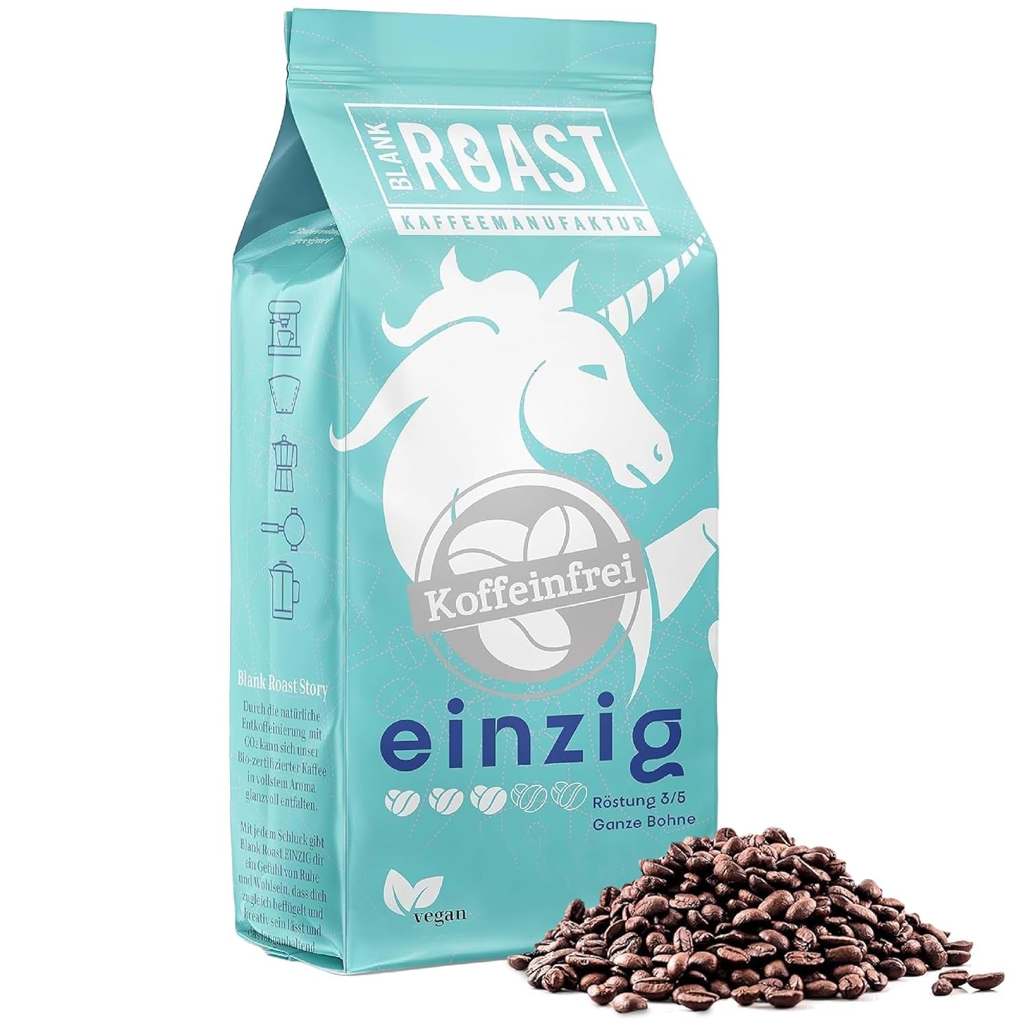 Blank stege - EINZIG - 1 kg - Kaffeebohnen kafeinfrei - 100% Arabica aus Peru - schonend & umweltfreundlich entkoffeiniert - säurearm mit voller Crema - ideel til jede Zubereitungsart