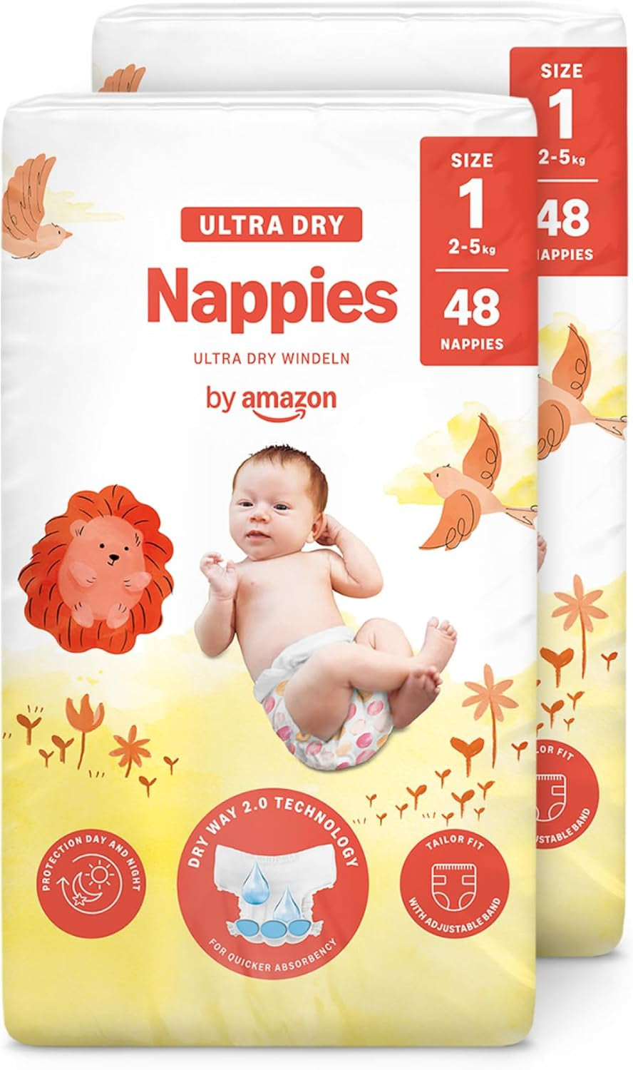 Amazon Ultra Dry Bleer, størrelse 1 (2-5 kg) - Månedlig æske, hvid, 96 antal (2 pakker af 48) (tidligere Mama Bear Brand, identisk produkt)