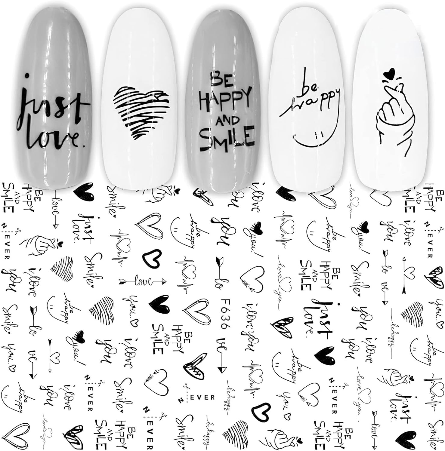 7 Blätter Nagelsticker Selbstklebend Nagelsticker Blumen Abstrakt 3D Schwarz Nagelaufkleber Nageldesign Herzform Wörter Pflanzen Nagel Sticker DIY Nail Art Zubehör Maniküre Dekoration
