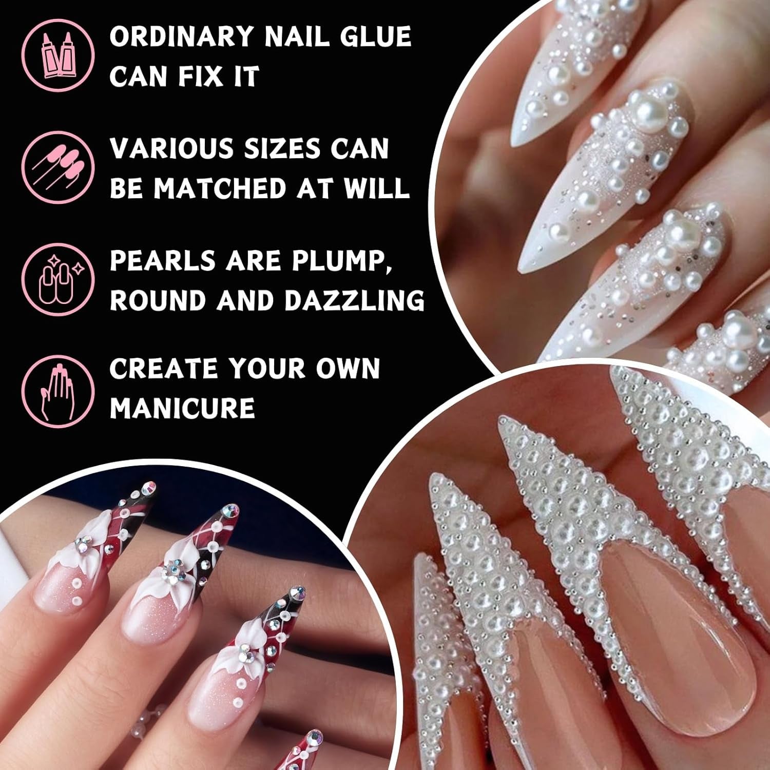 12 Größen Nail Art Perlen, Flache Perlen, Nail Art Accessoires, Halbkreis Nagelperlen, Weiße Nail Charms Und Glitzersteine ​​Nägel Für Nail Art Design, DIY Basteln, Alltag, Hochzeit (2 kasser)