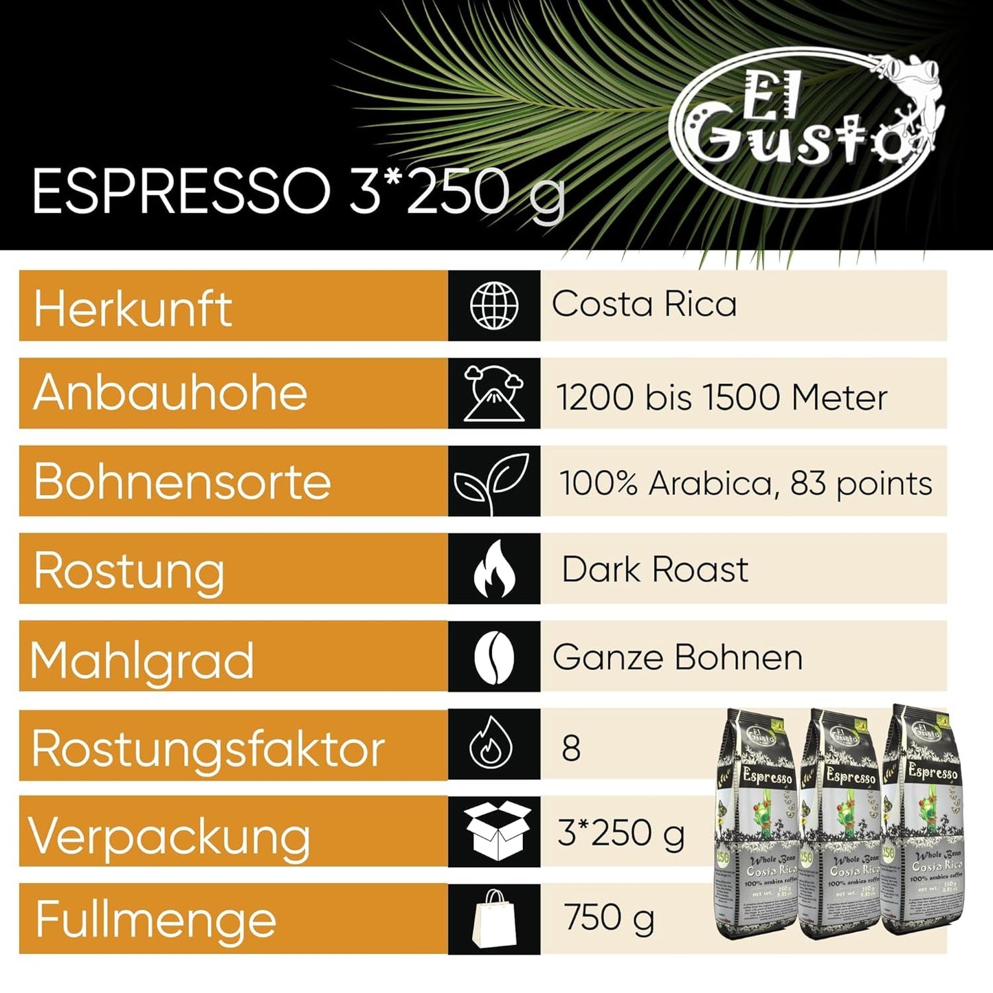 El Gusto Espresso Kaffee aus ganzen Bohnen aus Costa Rica, dunkel geröstet, kreativ Mischung, 100% Arabica, frischer Gourmet-Kaffee 3er Pack
