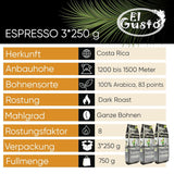 El Gusto Espresso Kaffee aus ganzen Bohnen aus Costa Rica, dunkel geröstet, kreativ Mischung, 100% Arabica, frischer Gourmet-Kaffee 3er Pack