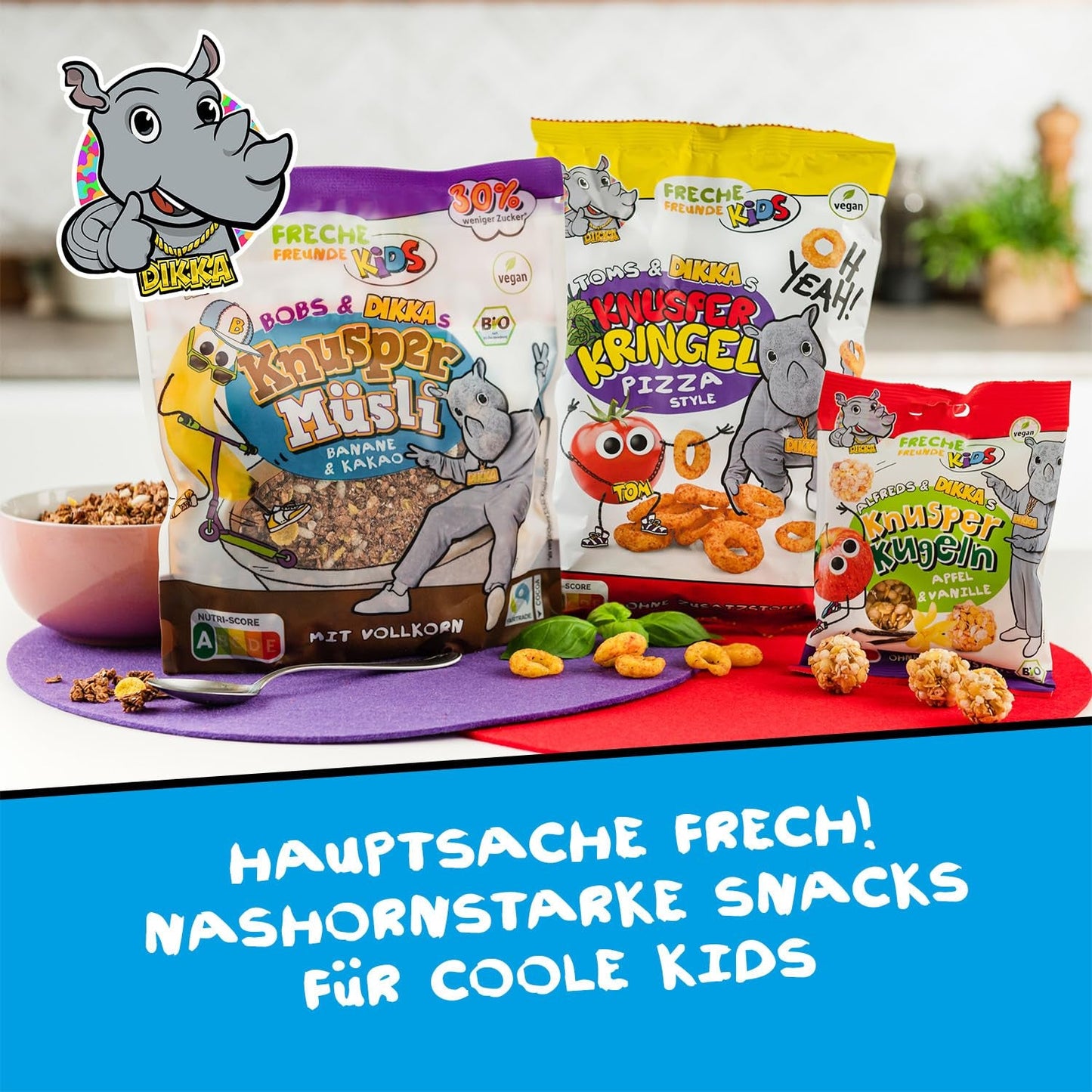 FRECHE FREUNDE KIDS, Bobs & DIKKAs Crunchy Banana Cacao Müsli, Crunchy Chokolade Müsli til børn, Lavt sukkerindhold, ingen tilsætningsstoffer, 100 % vegansk, 6 stykker (6 x 280 g)