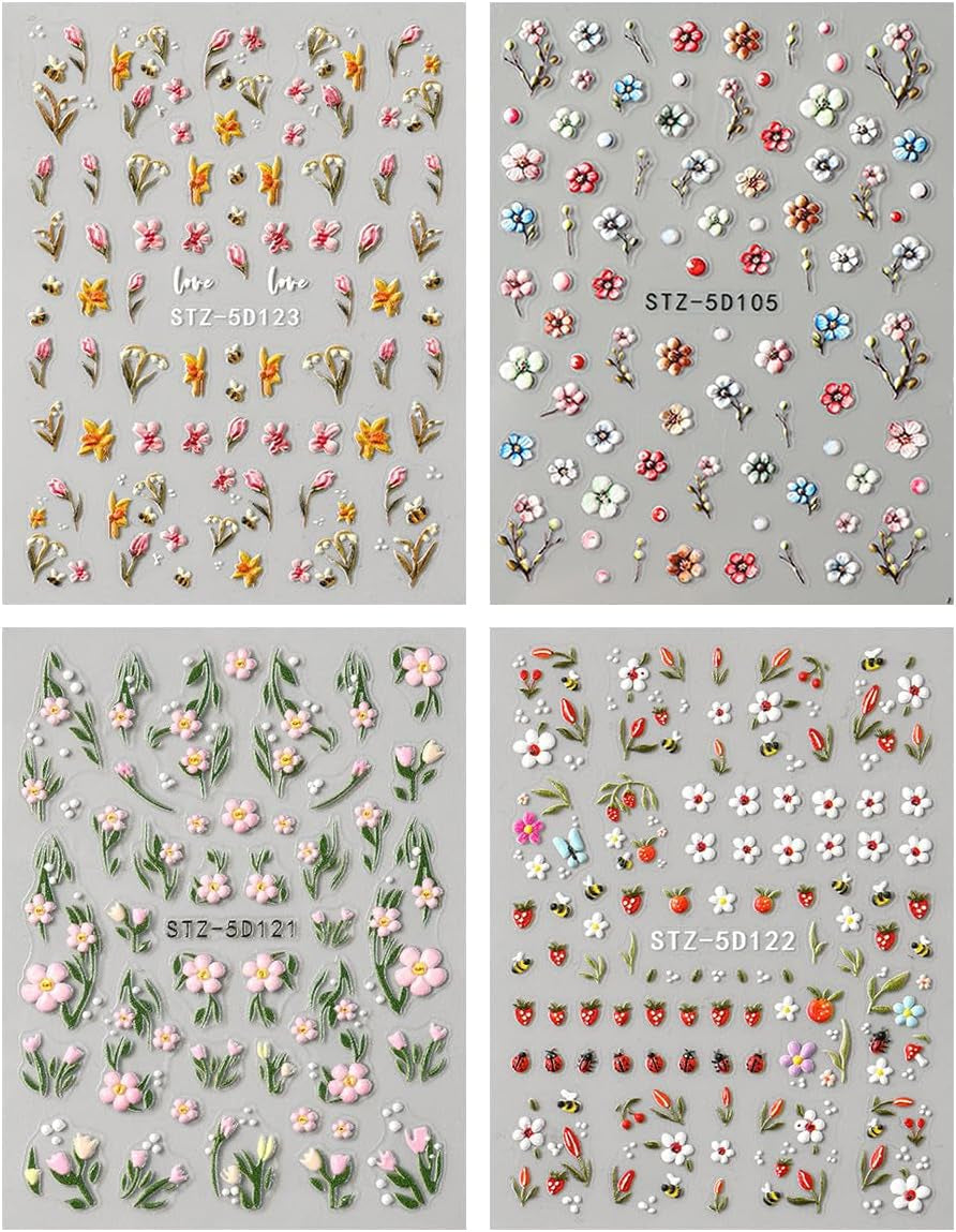 JMEOWIO 3D Nagelsticker Blumen Frucht Nail Art Sticker Selbstklebend Nagelaufkleber 5D Stereoskopisk Dekoration Nageldesign Tilbehør 4 Blatt