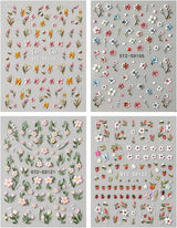 JMEOWIO 3D Nagelsticker Blumen Frucht Nail Art Sticker Selbstklebend Nagelaufkleber 5D Stereoskopisk Dekoration Nageldesign Tilbehør 4 Blatt
