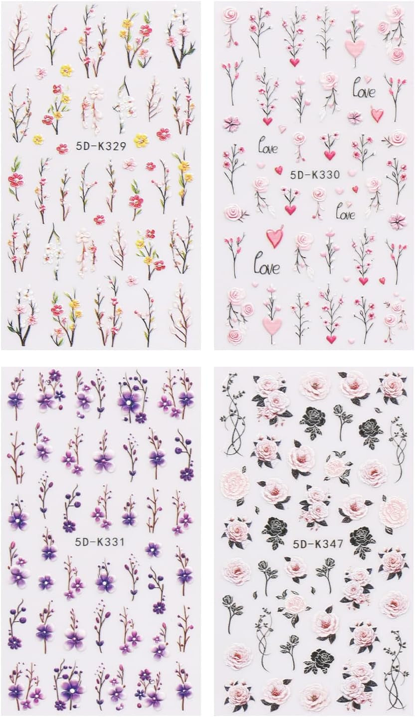 JMEOWIO 3D Nagelsticker Blumen Nail Art Sticker Selbstklebend Nagelaufkleber 5D Stereoskopisk Frühling Sommer Dekoration Nageldesign Zubehör 4 Blatt