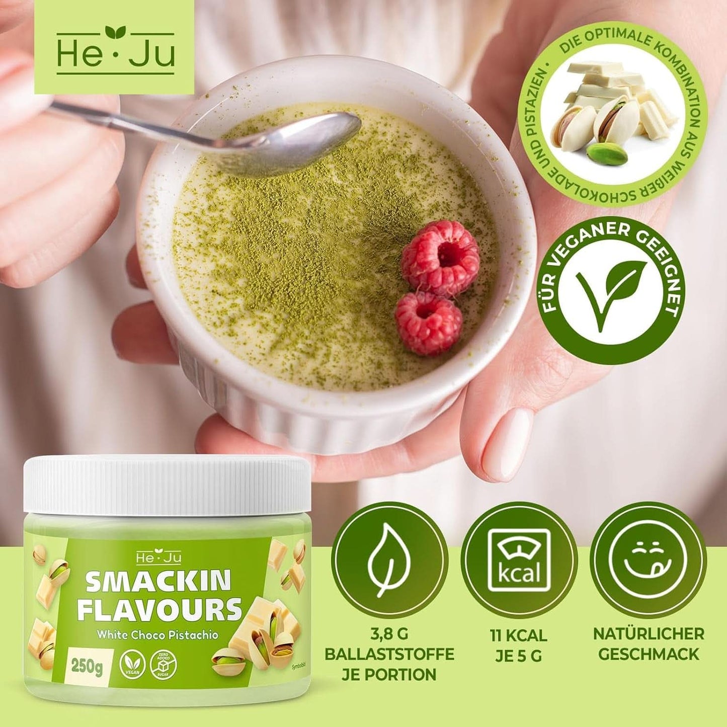 He-Ju, Pulver med hvid chokolade og pistacie smag, 250 gram Naty Shop Flavours
