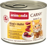 Animonda Carny Senior Vådfoder til katte med oksekød + kylling + ost (6 x 200 g), kornfrit og sukkerfrit vådfoder til katte fra 7 år og ældre, med friske og kødfulde ingredienser