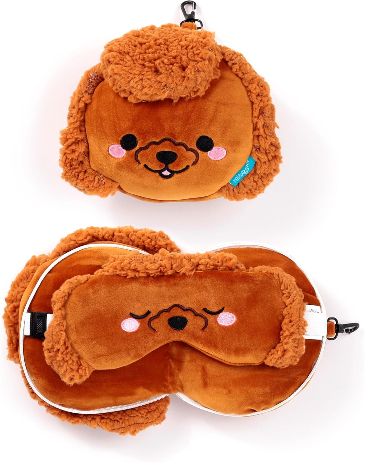 Puckator rejsepude med øjenmaske Relaxeazzz - Gigi the Poodle - Søde dyr rejsepuder Naty Shop Brown 1 stk (1 pakke)