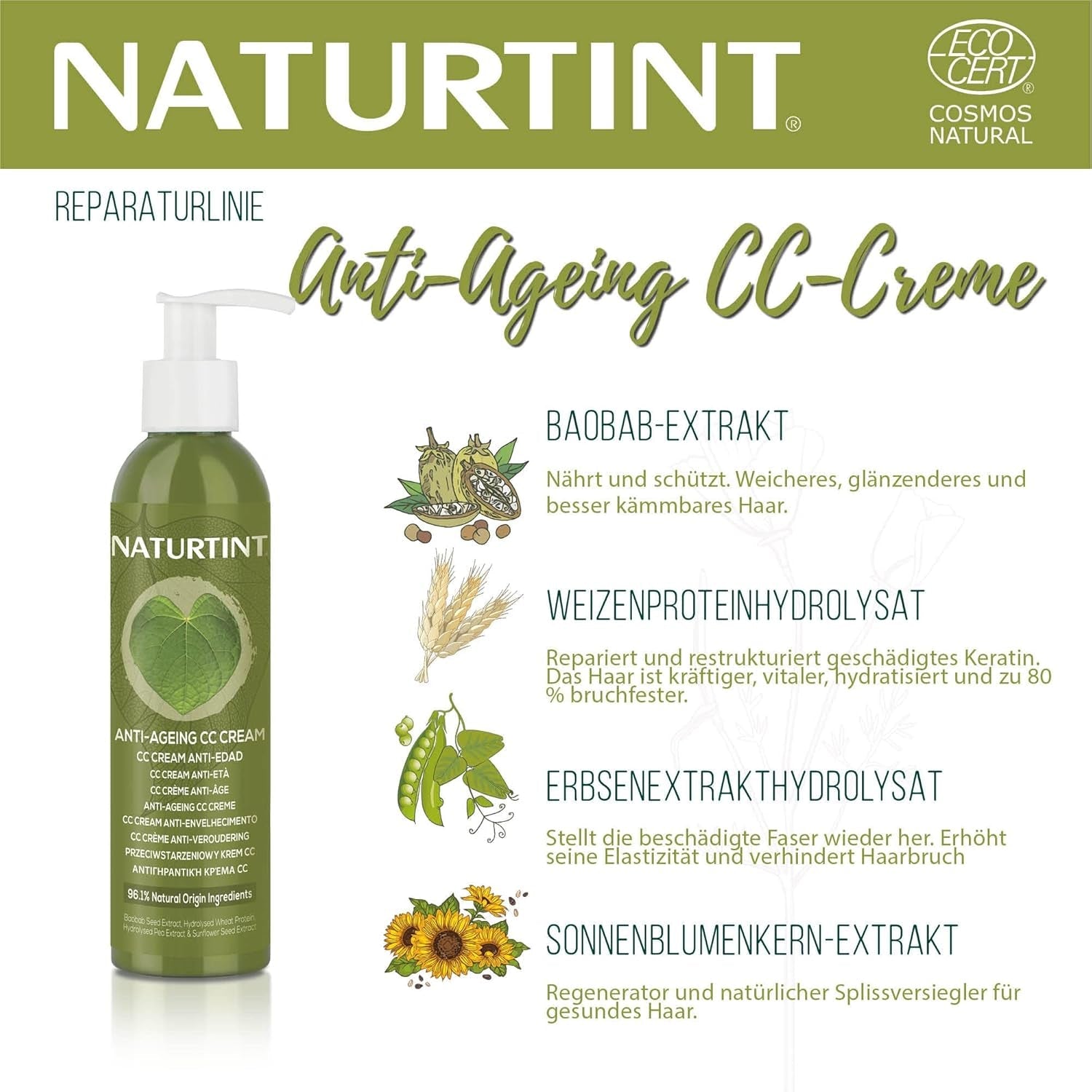 Naturlig farvetone CC Cream. Ingen skylle hårmaske. Til tørt og beskadiget hår. Reparerer og fugter. 96% naturlige ingredienser. 200 ml Naty Shop hårmaske
