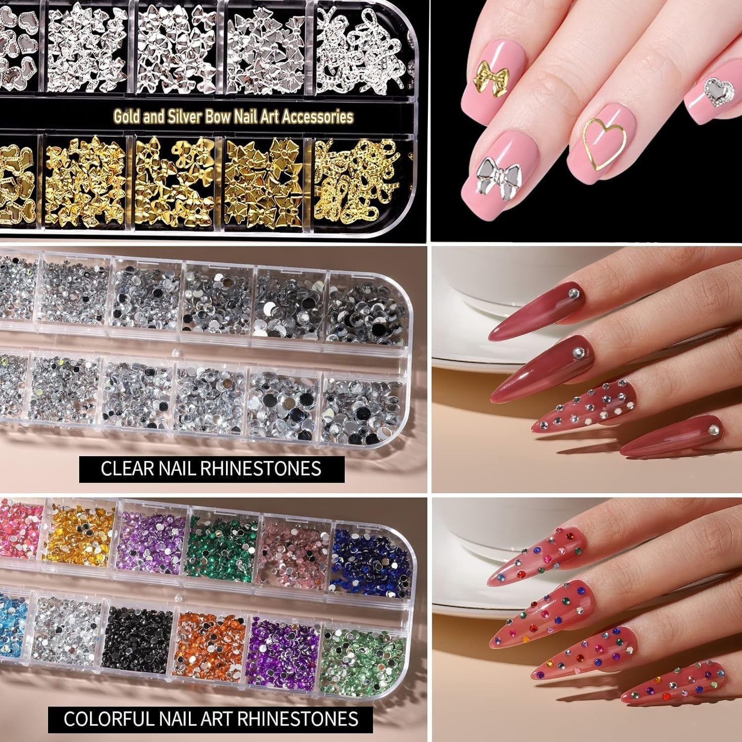 Nail Charms,6 Boxen Gold Silber Nagel Charms 3D Gold Bogen Stern Nail Art Dekoration+6200 Strasssteine ​​Bunt Steine ​​​​AB Perlen Diamanten,3D Legierung Bow Nail Gems Nagel Deko Für Frauen Nagel (6-A)