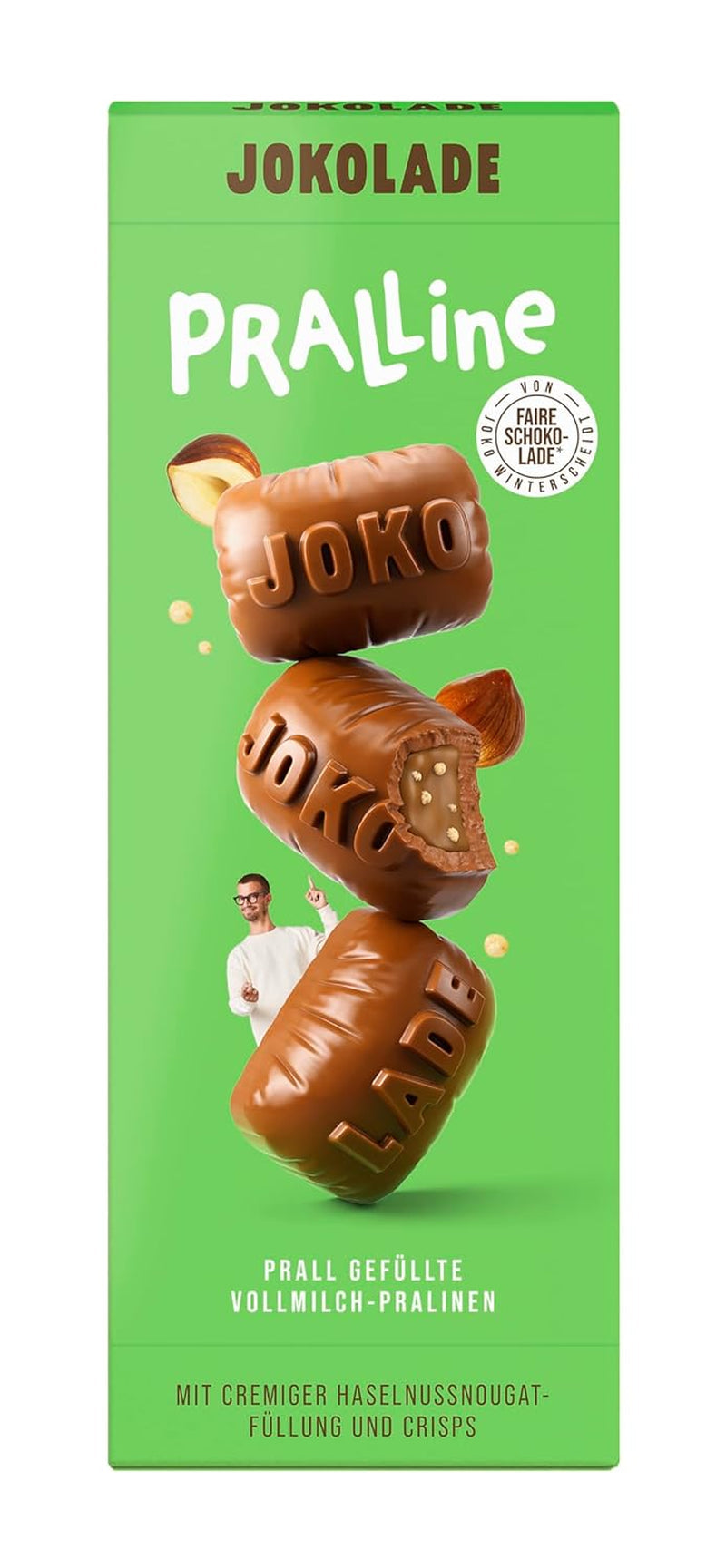 JOKOLADE PRALLINE Værdipakke 12 x 80g | Generøst fyld med hasselnøddenougatcreme og chips | Fair chokolade fra Joko Winterscheidt