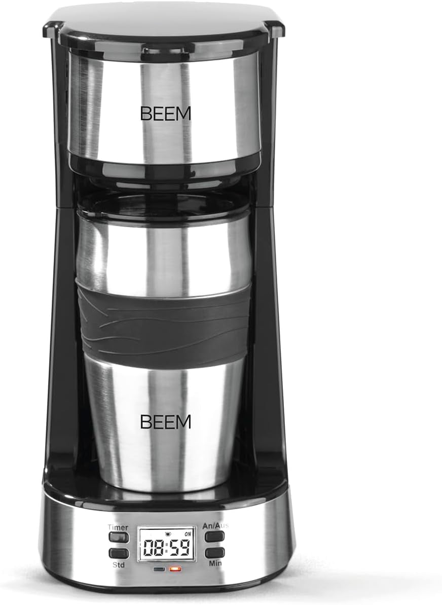 BEEM THERMO 2 GO enkeltfilter espressomaskine med 0,4 l termokop | Filtru permanent | Med 24-timers timer til en varm kop kaffe om morgenen, ingen ventetid | 750 W