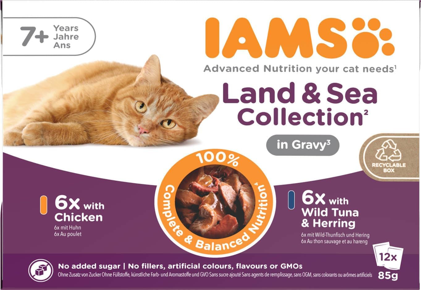 IAMS Delights Vådfoder til seniorkatte - Multipak med kylling og fisk i sauce, højkvalitets vådfoder til katte ældre end 7 år, 12 x 85g