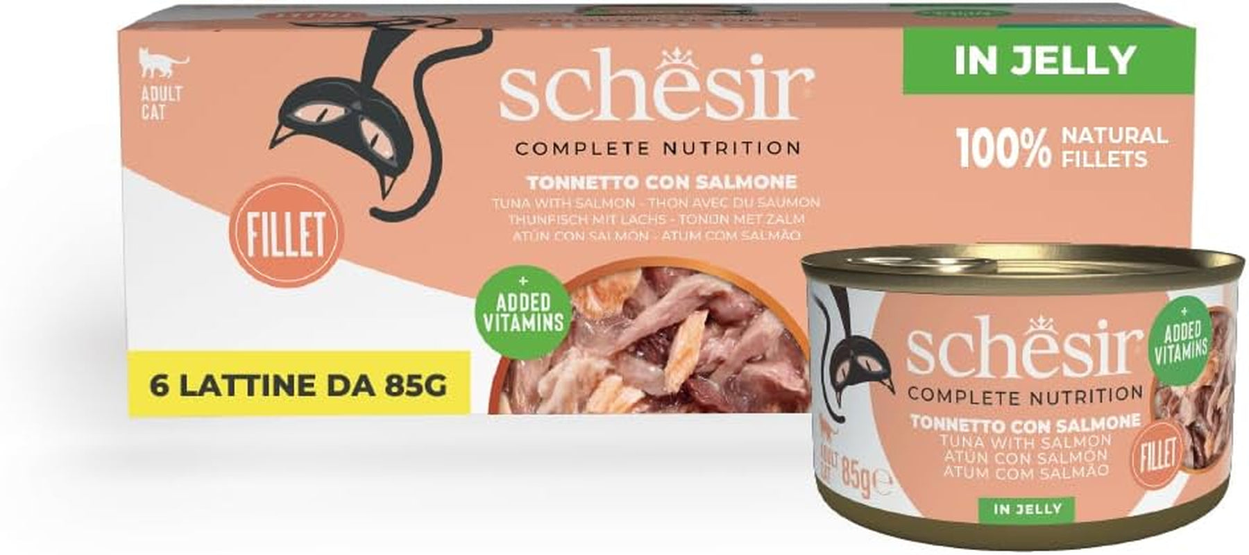 Laksetun i gelé, komplet våd kattefoder, dåse, med tilsat vitaminer, 100 % naturlig, 6 x 85 g