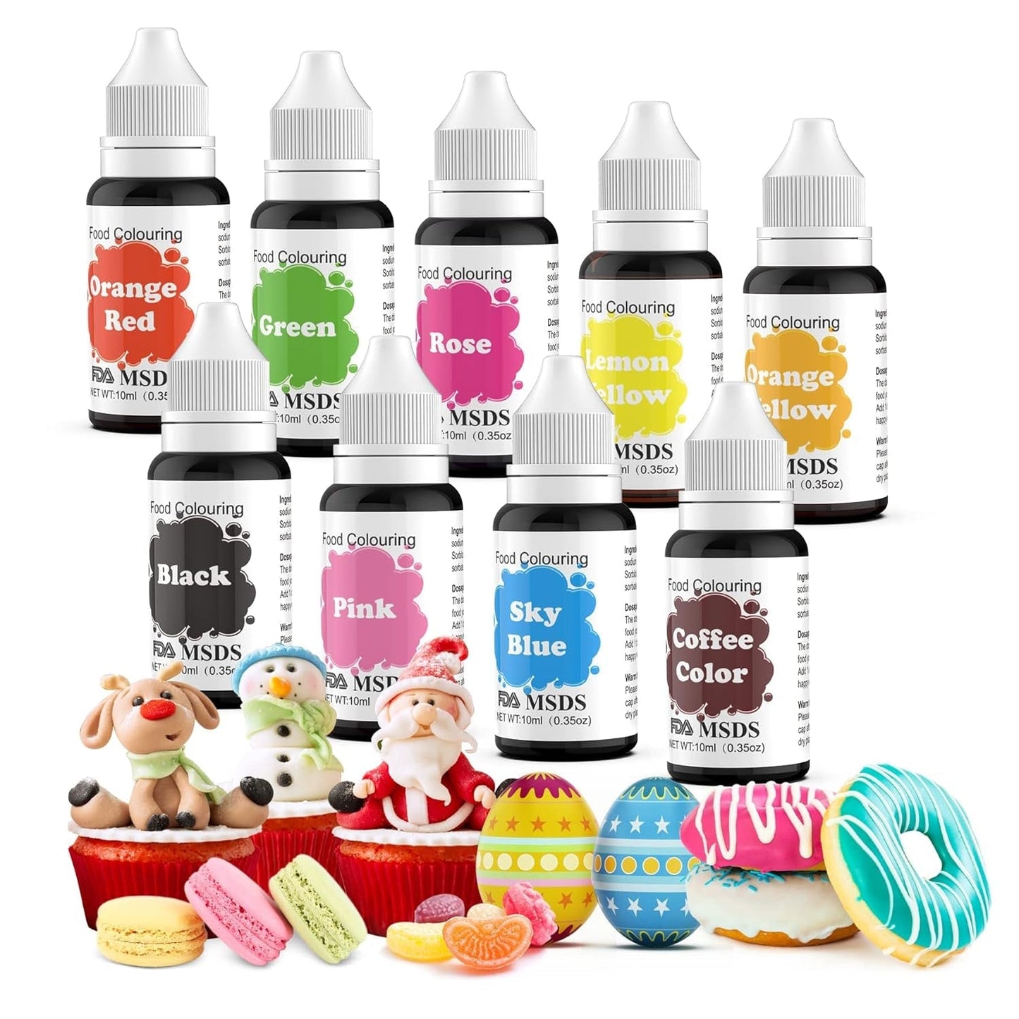 Madfarve 9 x 10 ml, flydende madfarve - madfarvesæt til dekoration af kager, macarons, donuts, fudge, glasur, DIY-sæber, is, sæbefarve, sprøjtepistolfarve