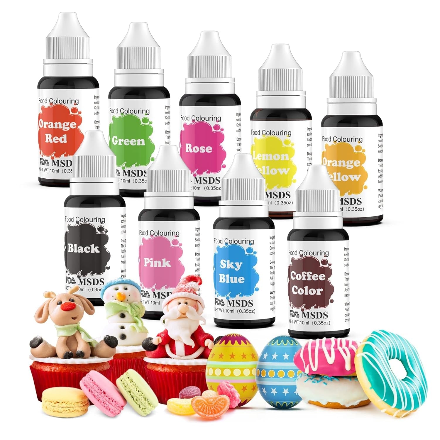Madfarve 9 x 10 ml, flydende madfarve - madfarvesæt til dekoration af kager, macarons, donuts, fudge, glasur, DIY-sæber, is, sæbefarve, sprøjtepistolfarve
