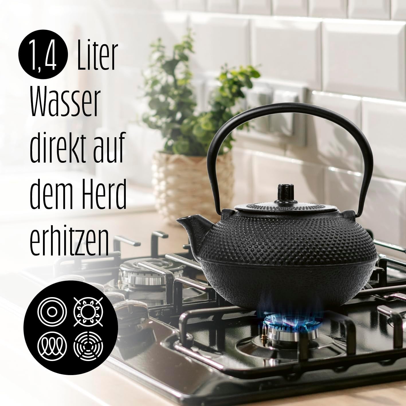 Lumaland 8 dele tesæt | 1,4 liter Tetsubin støbejern tekande | Varmelegeme i støbejern | 2 tekopper og 2 underkopper | Japansk tesæt inklusiv bambus-måleske og infuser af rustfrit stål