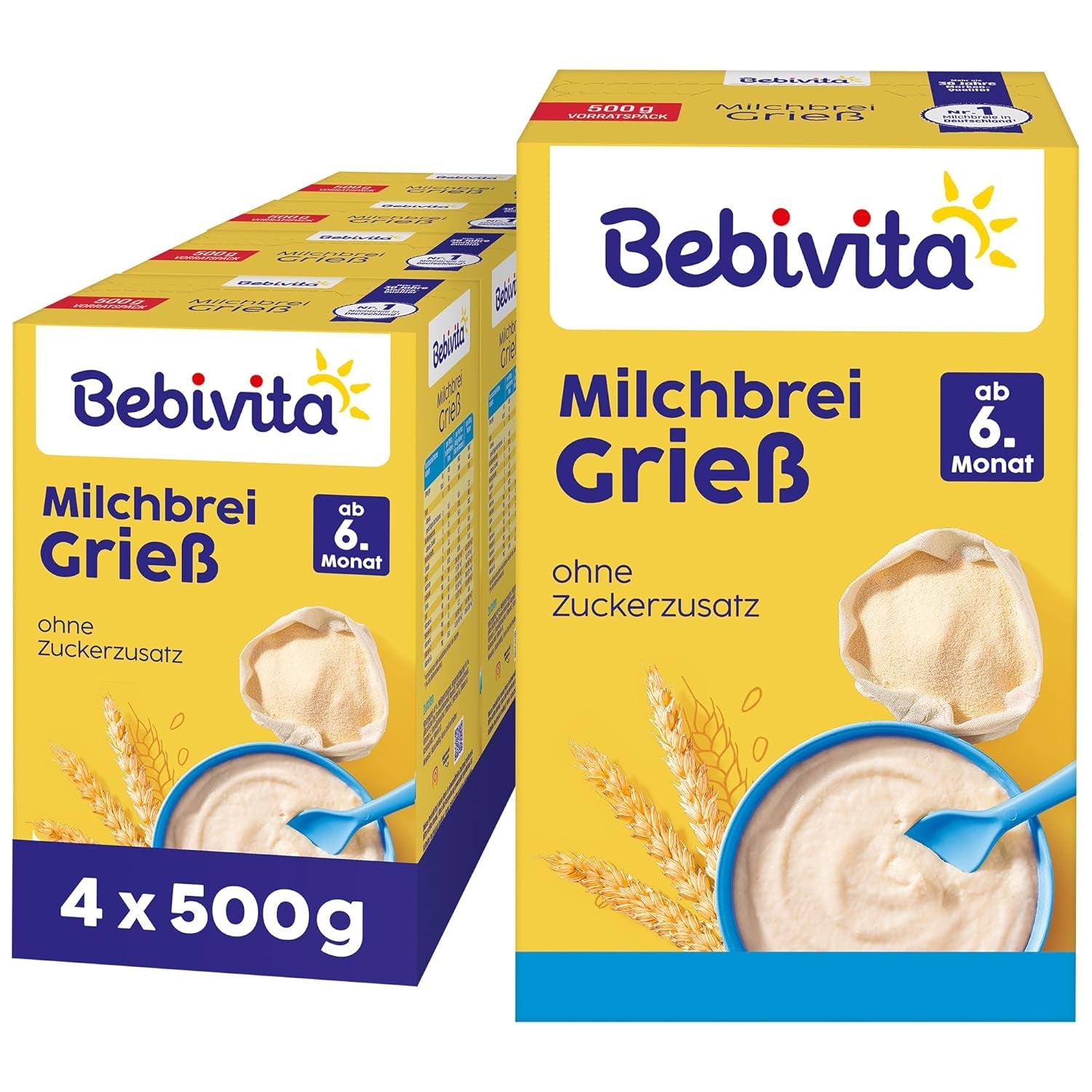 Semuljegrød med mælk (4 x 500g), mad til babyer fra 6 måneder, uden tilsat sukker, med værdifulde mineraler og vitaminer, meget mættende