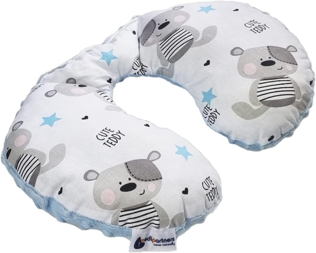 Medi Partners Baby Nakkepude Nakkestøtte 100 % Bomuld / Minky Baby Nakkepude til Bilvogn Rejser Søvn Nakkepude Snooze Roll (REH med Grå Minky) Cervikale ortopædiske puder Naty Shop Lyseblå Minky Teddy Bear
