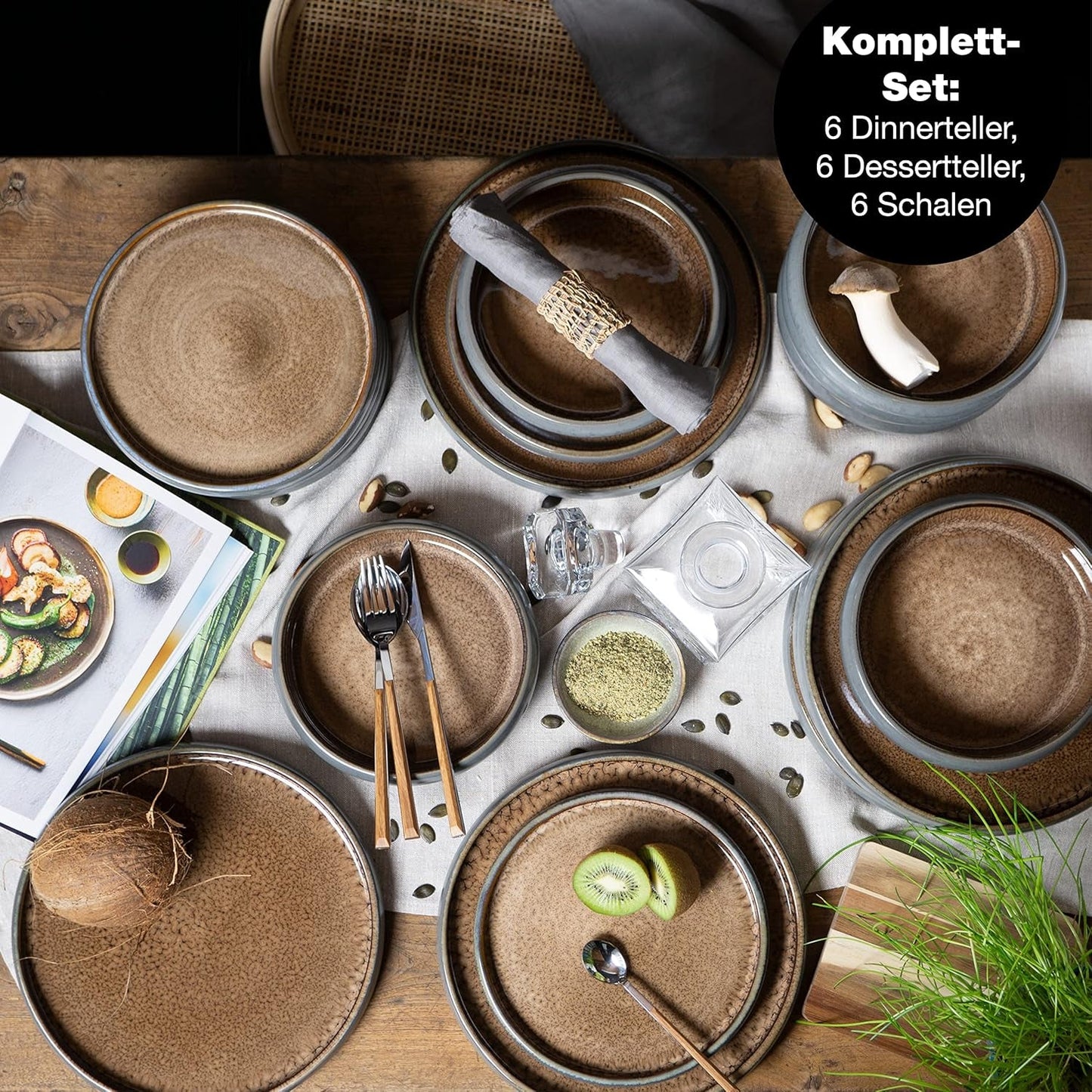 Moritz & Moritz SOLID 18-delt spisestel i stentøj til 6 - porcelænssæt til 6, bestående af 6 middagstallerkener, 6 desserttallerkener og 6 middagstallerkener