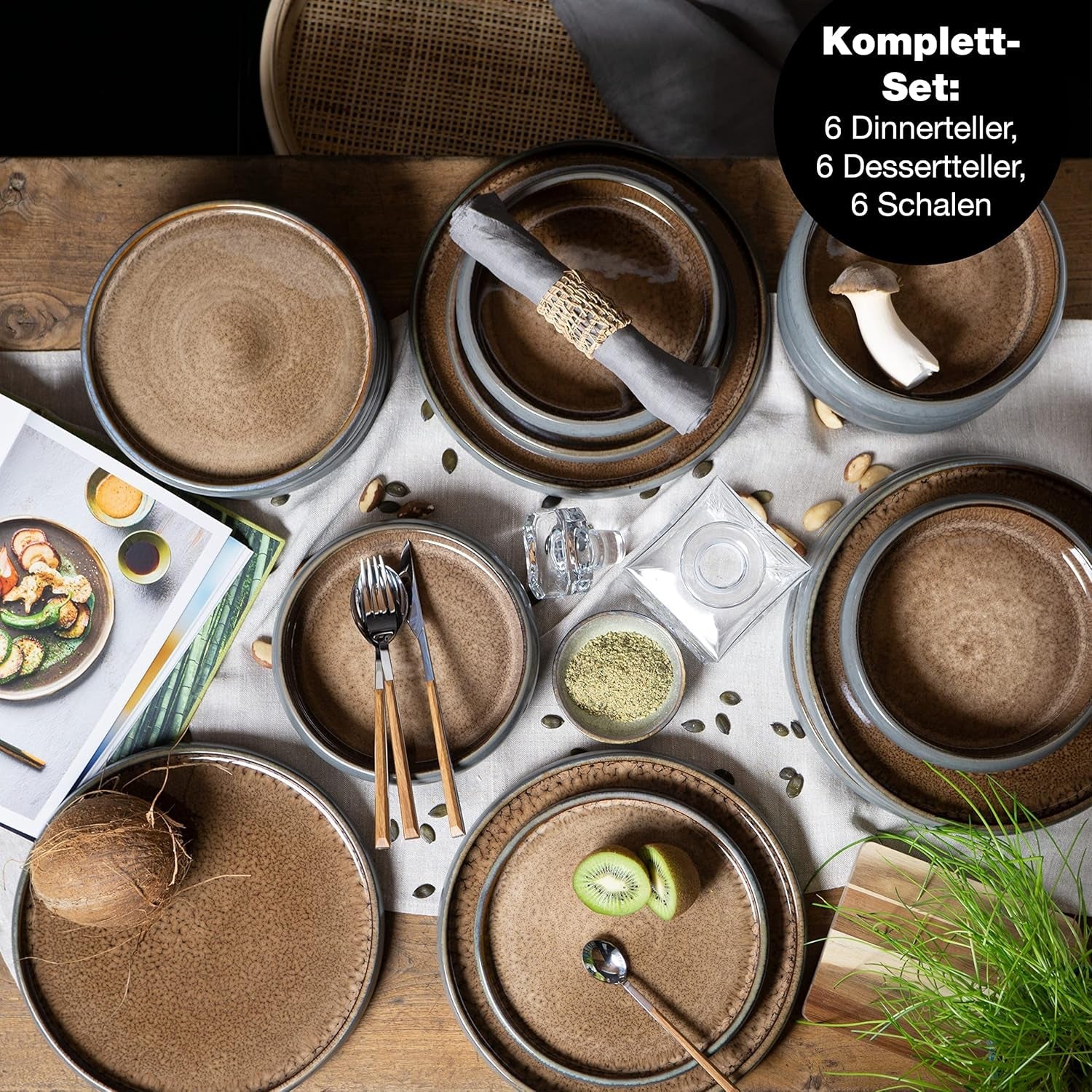 Moritz & Moritz SOLID 18-delt spisestel i stentøj til 6 - porcelænssæt til 6, bestående af 6 middagstallerkener, 6 desserttallerkener og 6 middagstallerkener