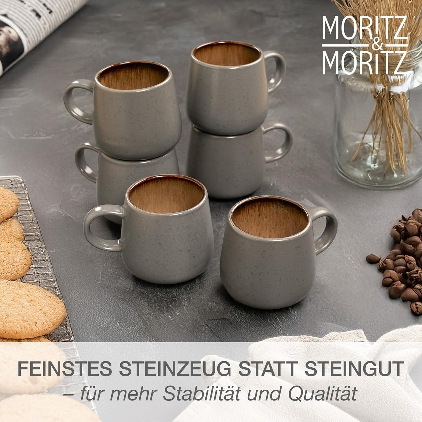 Moritz & Moritz SOLID 24-delt spisestel i stentøj til 6 - porcelænssæt til 6 bestående af 6 tallerkener, 6 små tallerkener, 6 tallerkener og 6 kopper med hanke