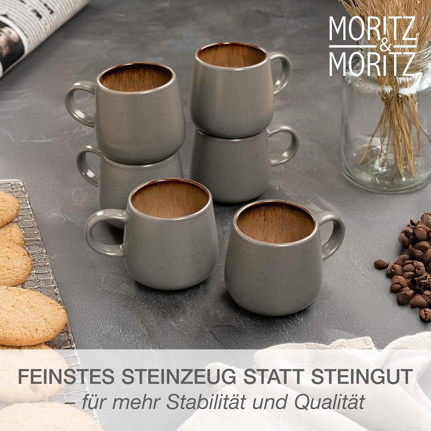 Moritz & Moritz SOLID 24-delt spisestel i stentøj til 6 - porcelænssæt til 6 bestående af 6 tallerkener, 6 små tallerkener, 6 tallerkener og 6 kopper med hanke