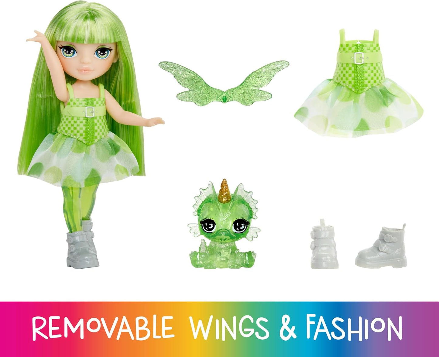 Rainbow High Littles Rainbow Fantasy Fairy and Pet - Emerald, Green - 14 cm artikuleret lille Fantasy Dragon Dukke med udskiftelige Fairy Wings, sød gave til børn fra 4 år og opefter