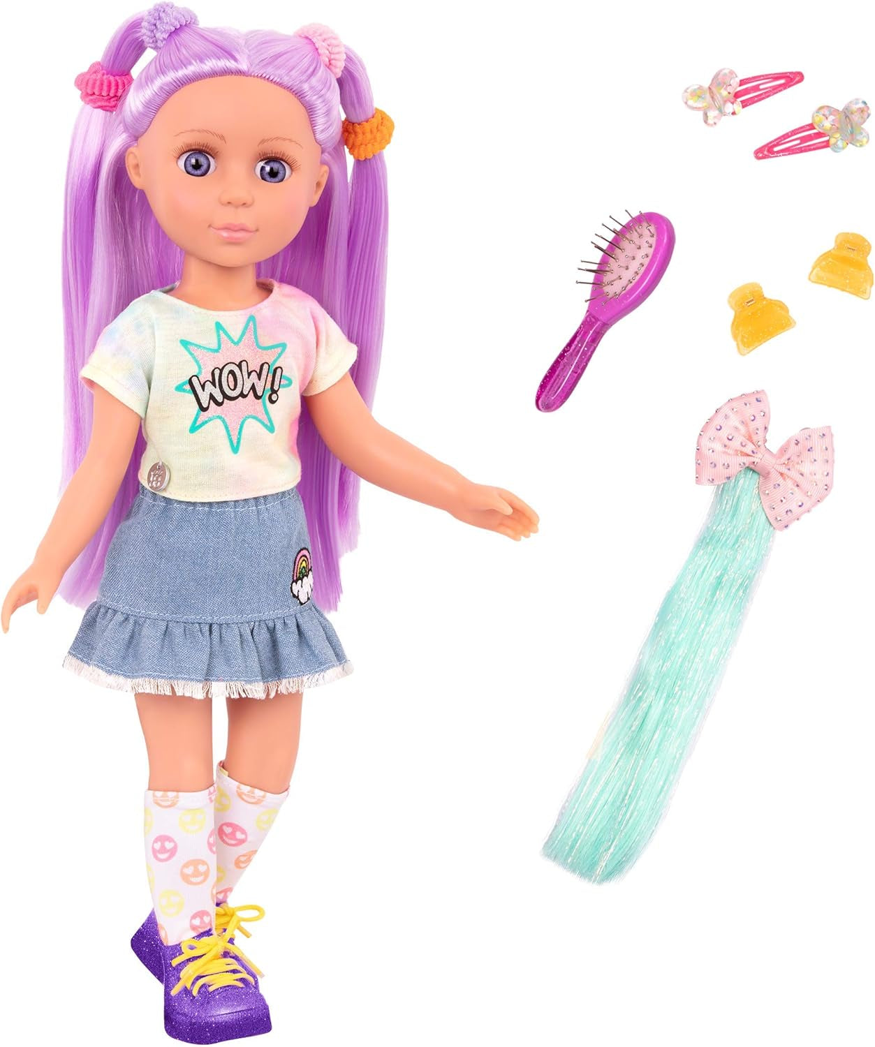 Glitterpiger - Luma - 36 cm artikuleret dukke - Unikt lilla hår og lilla øjne - Hårforlængelser, sløjfe, klips og farverigt outfit - 3 år +