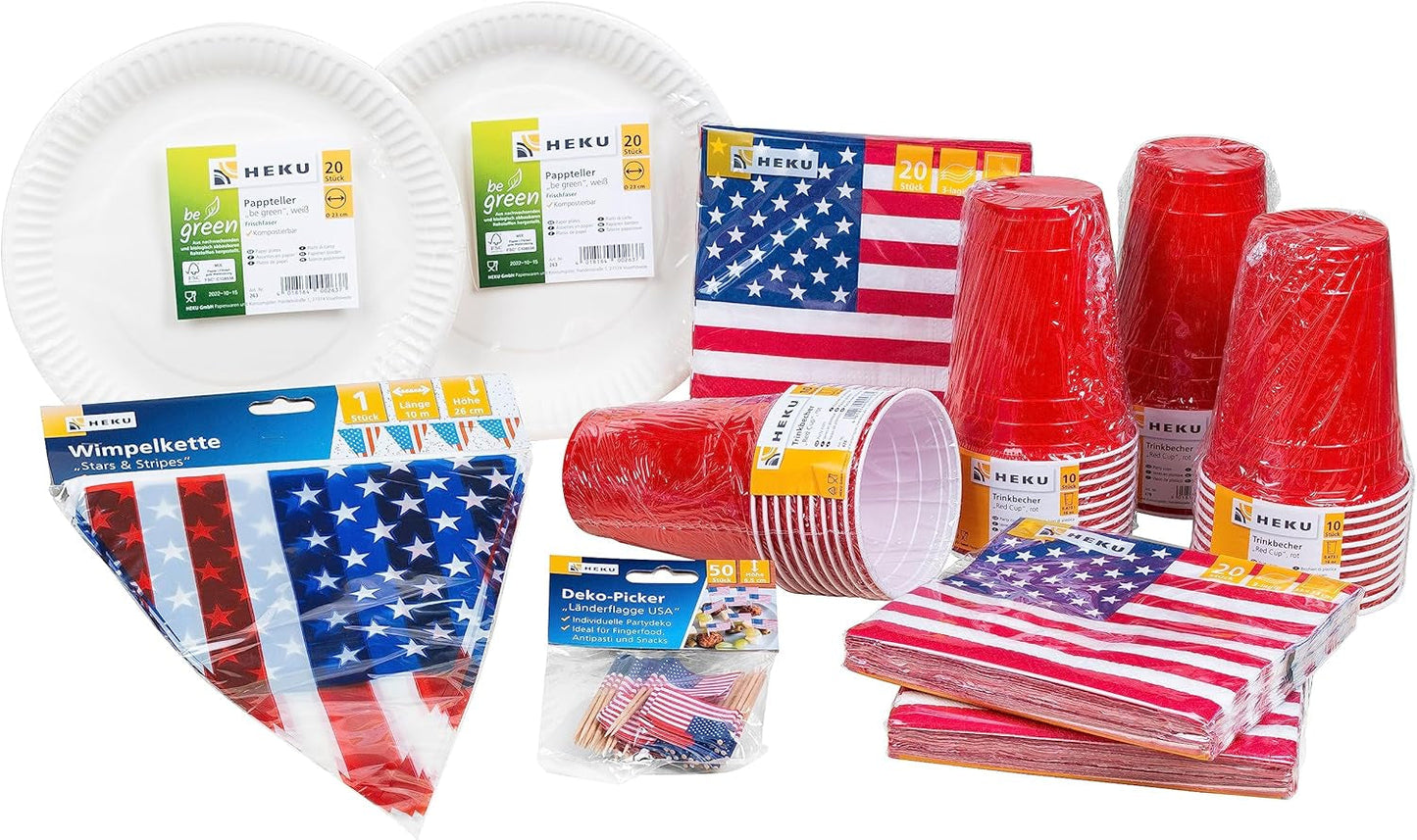 HEKU 191-stk. USA Festsæt I Papirtallerkener Ø23Cm, Røde Kopper, 3-lags servietter 33X33Cm, Dekorationsvælger, Vimpelkæde 10M I Perfekt til temafester og nationale helligdage