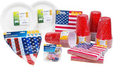 HEKU 191-stk. USA Festsæt I Papirtallerkener Ø23Cm, Røde Kopper, 3-lags servietter 33X33Cm, Dekorationsvælger, Vimpelkæde 10M I Perfekt til temafester og nationale helligdage