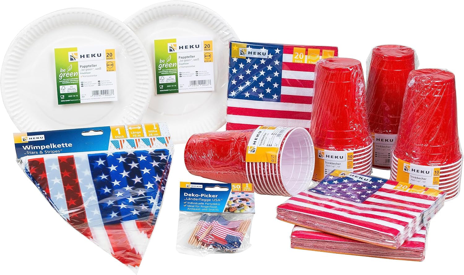 HEKU 191-stk. USA Festsæt I Papirtallerkener Ø23Cm, Røde Kopper, 3-lags servietter 33X33Cm, Dekorationsvælger, Vimpelkæde 10M I Perfekt til temafester og nationale helligdage