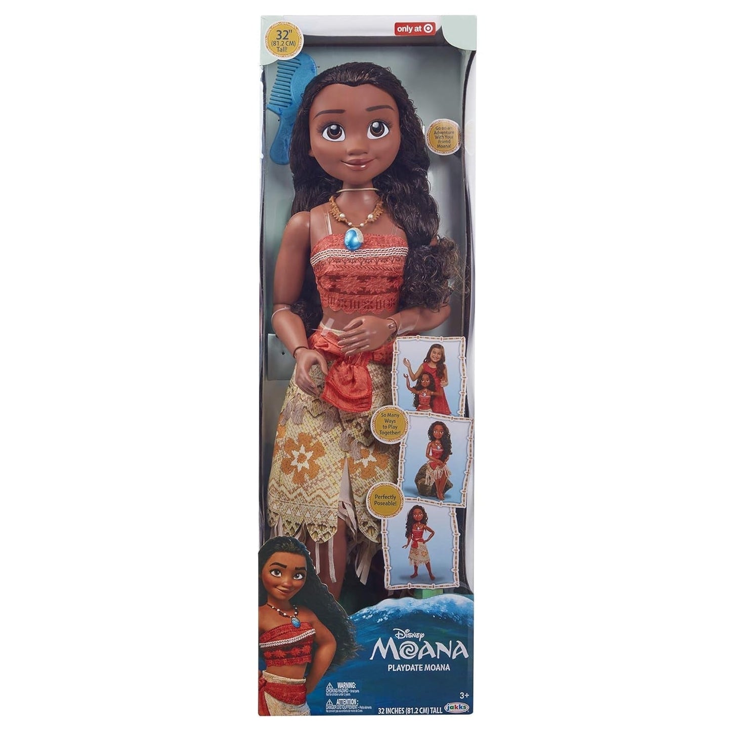 Disney Princess Moana 80 cm Play Doll by Jakks Pacific Movable Doll with Brush to Comb Her Wavy Curls Filminspireret kjole Aftageligt vedhæng Halskæde Dolls Naty Shop