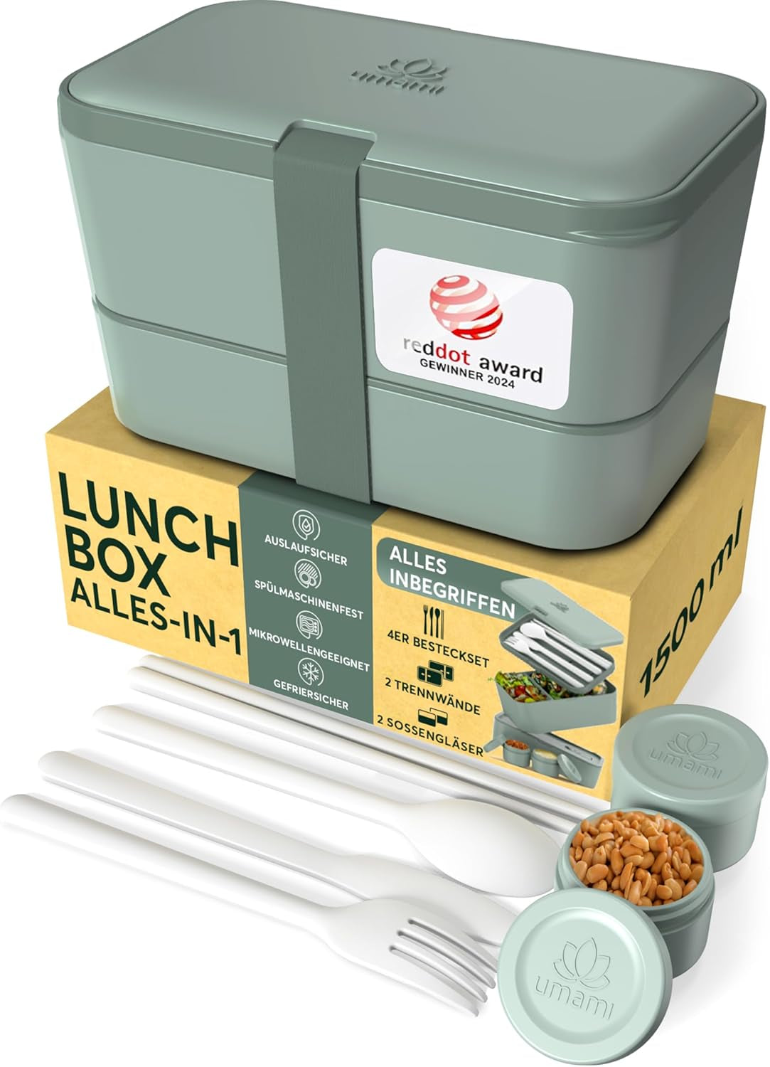 Umami madkasse til voksne, stabelbar Bento-kasse med 4 bestik og rum, madpakke til voksne, to-go-salatbeholder, Picnic-/kontormadkasse, koksgrå, 1500 ml Naty Shop madopbevaringskasser Skifergrøn L - 1500 ml kan stables inde i hinanden