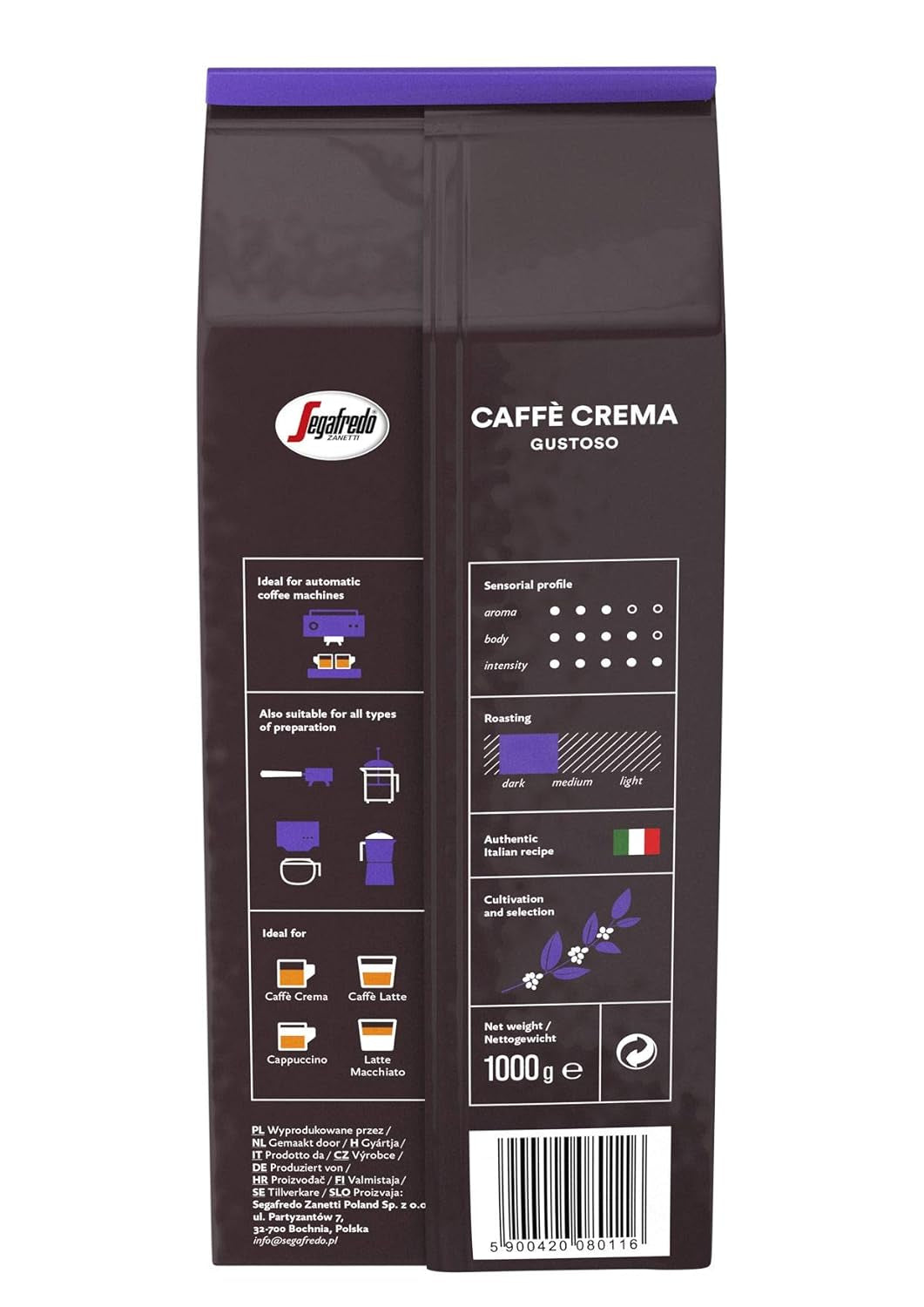 Segafredo Zanetti Caffè Crema Gustoso - Hel bønne (pakke med 1 kg) - Velegnet til Caffè Crema - Lange og mørkristede kaffebønner, fyldig og intens smag (pakke med 2)