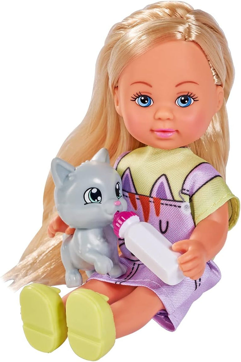 Simba 105733591 - Evi Love Kitty 2 Ways Matcher kun ÉN genstand sender dukke i sød kattekjole med killinger og drikkeflaske 12 cm Legedukke 3+