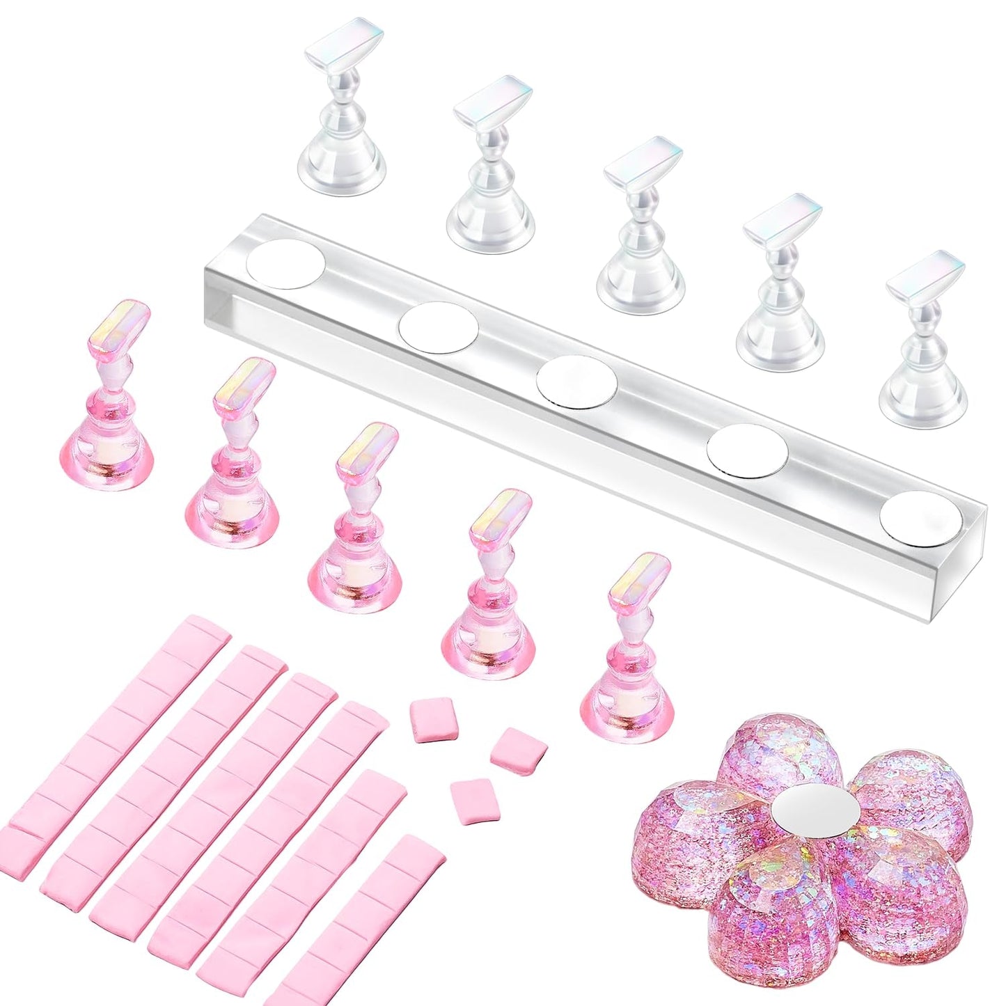 Makartt Akryl negleholder, magnetisk negleholder, negleholder, transparent pink negleholder med 48 klæbende kit