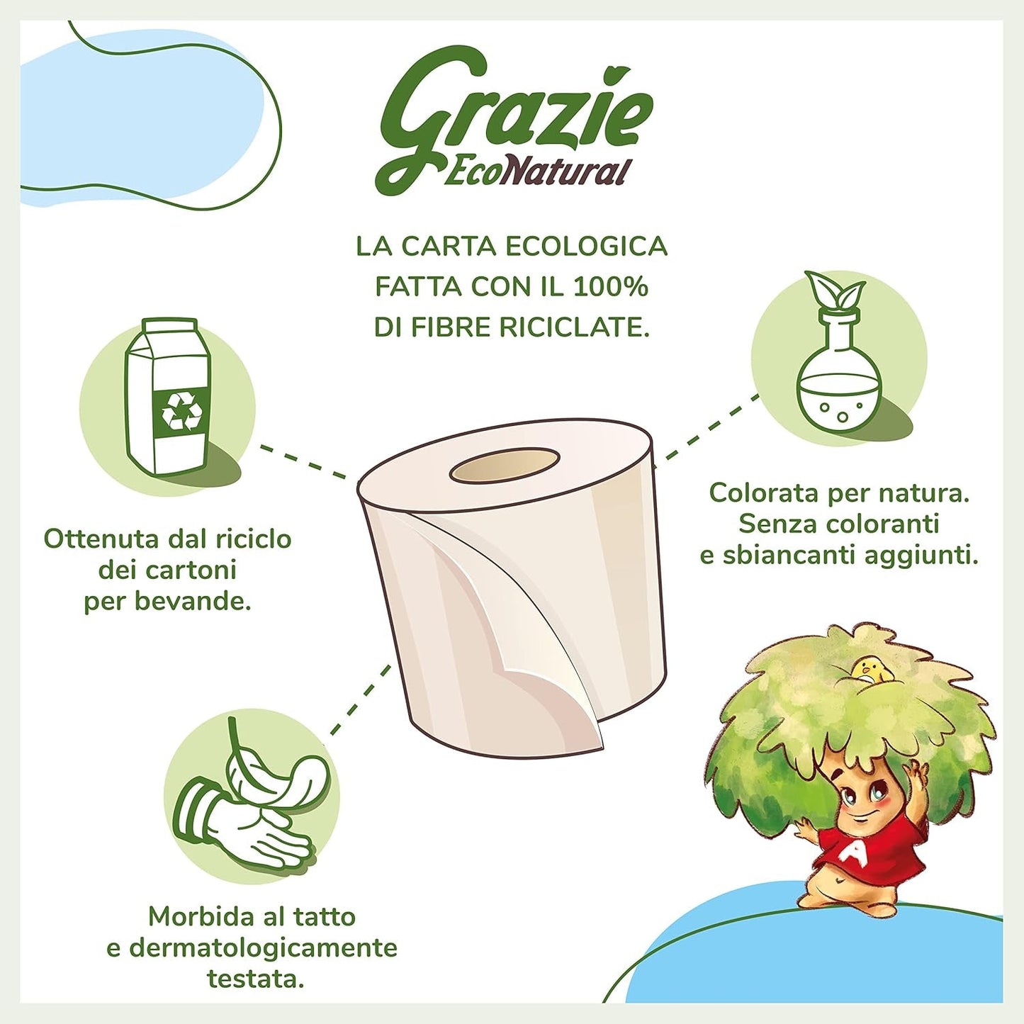 Grazie Natural Toilet Paper, Econatural, 56 ruller, Fibrepack Genbrugs Toiletpapir, 100 % Økologisk, Miljøvenlig, Miljømærket Certificeret og FSC Genanvendt, Made in Italy