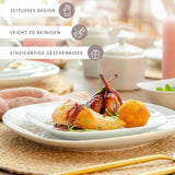 SANGER | Hvidt Bilgola Spisestel Sæt, 24 Del Porcelænsstel til 6, Firkantede Tallerkener, Middagstallerkener | PREMIUM KOLLEKTIONEN