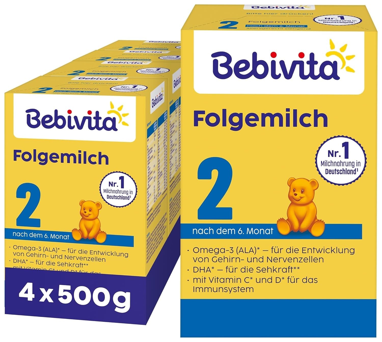 2 Folgemilch (4 x 500 g), efter dem 6. Monat, med vitamin C og D, Omega-3 (DHA), altersgerecht sättigend