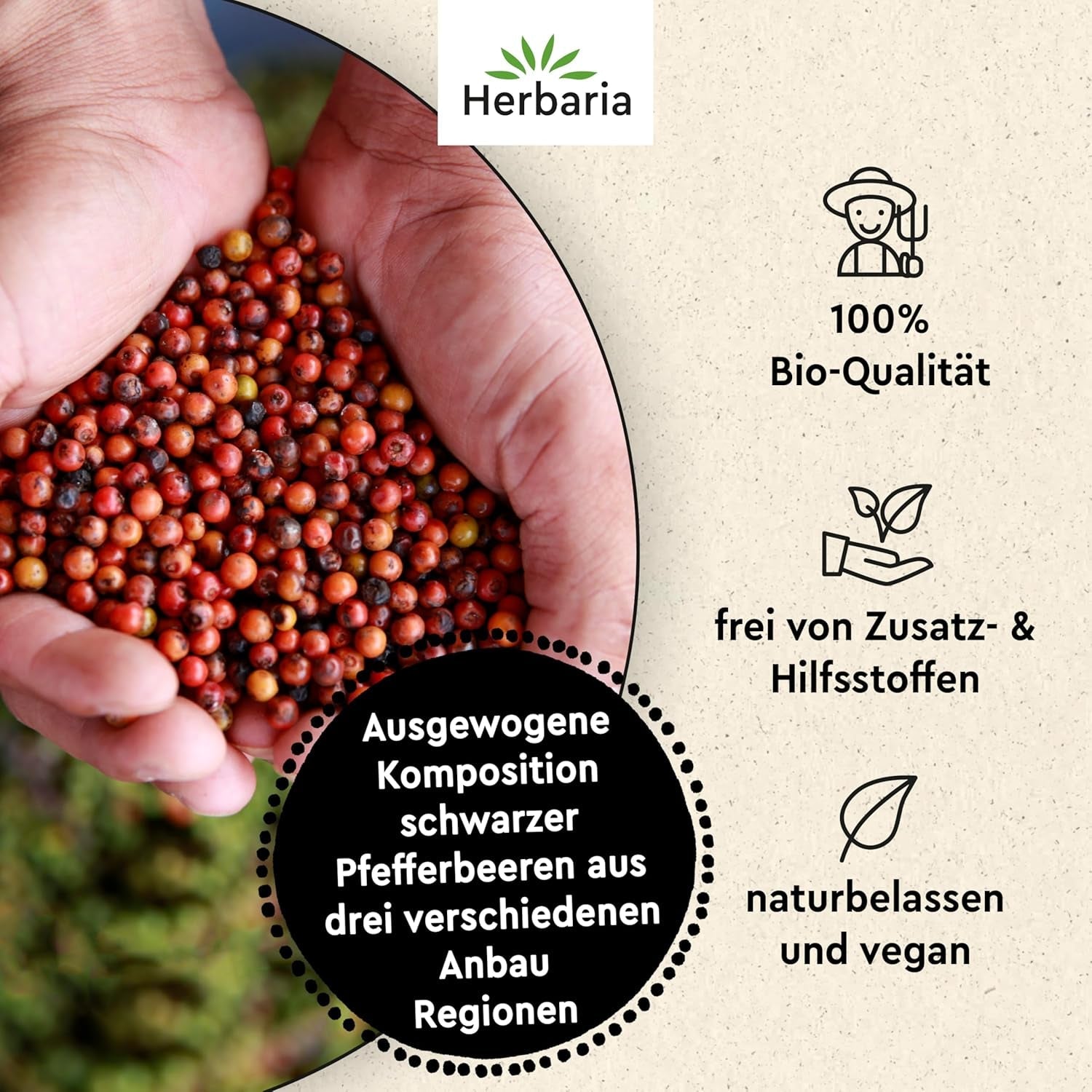 Herbaria Trio Noir bio 75g M-Dose – Bio Pfeffer schwarz ganz – ganze Pfefferbeeren – schwarze Pfeffermischung aus biologiske Anbau af drei forskellige regionale regioner - i nachhaltiger Aromaschutz-Dose